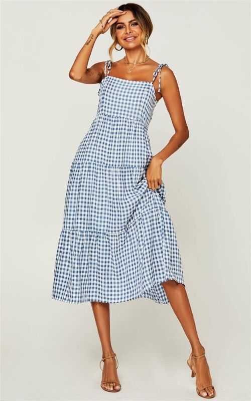 Gingham Print Tiered Strappy Midi Dress In Blue