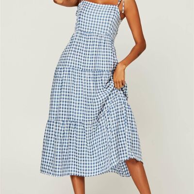 Gingham Print Tiered Strappy Midi Dress In Blue