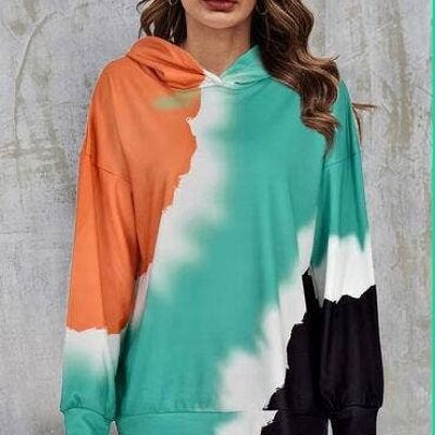 Green & White & Black & Orange Pastel Tie Dye Print Hoodie Top