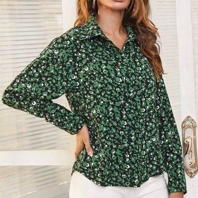 Top chemise à imprimé léopard vert et blanc en noir