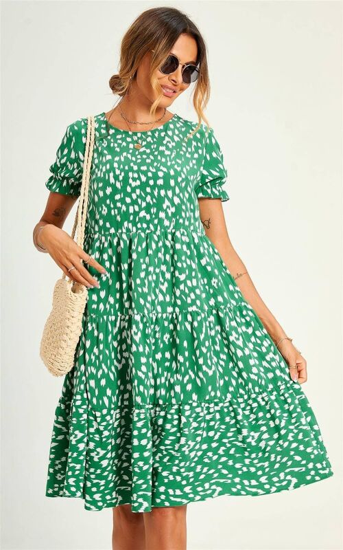 Green Printed Frill Sleeve Tiered Midi Smock Dress