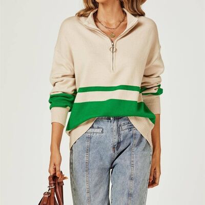 Green Stripe Block Colour 3/4 Zip Cable Knit Jumper In Cream