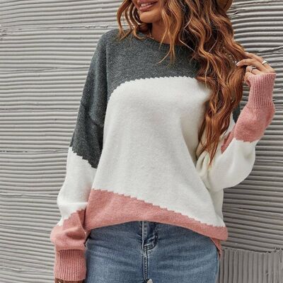 Pull gris et rose à blocs de couleurs en blanc