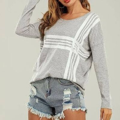 Pull color block gris Top rayé blanc