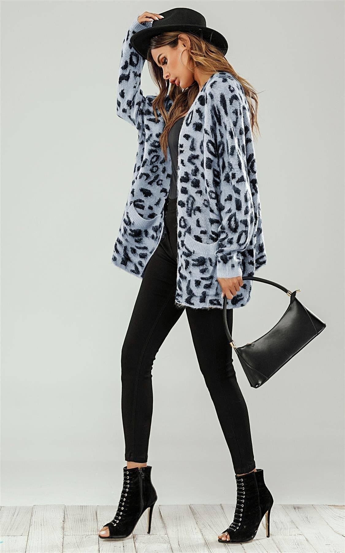 Cardigan aperto midi grigio con stampa leopardata animalier