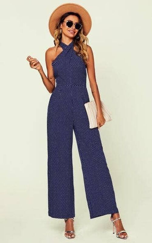 Halter Neck Back Detail Jumpsuit In Navy & Palk Dot