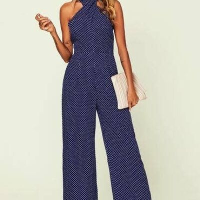 Halter Neck Back Detail Jumpsuit In Navy & Palk Dot