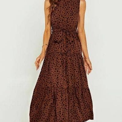 Halter Neck Maxi Layer Dress In Brown & Black Leopard Print