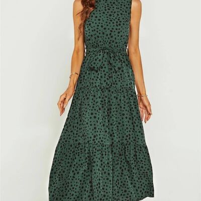 Halter Neck Maxi Layer Dress In Green & Black Leopard Print