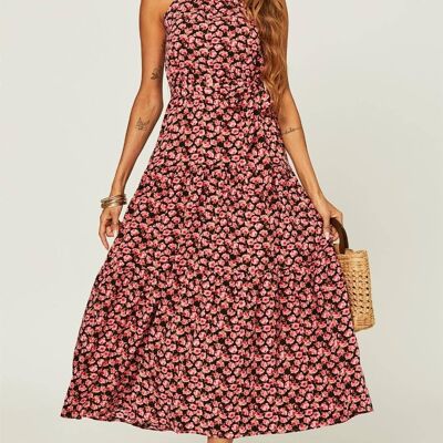 Robe longue superposée à col licou et imprimé floral rose