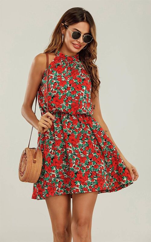 Halter Neck Mini Layer Dress In Red Floral Print