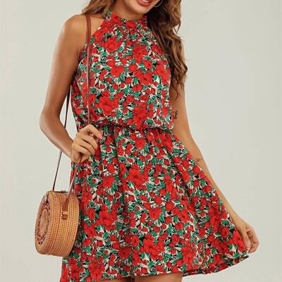 Neckholder-Mini-Layer-Kleid mit rotem Blumendruck