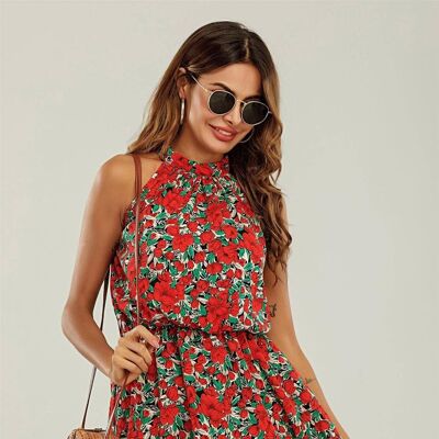 Halter Neck Mini Layer Dress In Red Floral Print