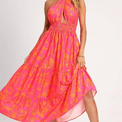 Halter Neck Tie Back Maxi Dress In Fuchsia Pink