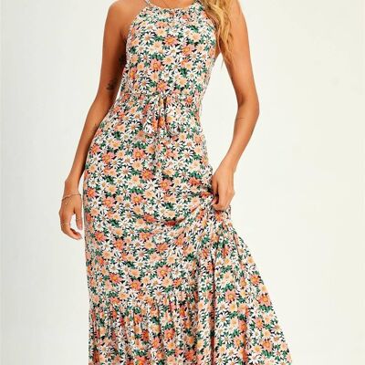 Halterneck Tiered Maxi Dress In Pink Daisy