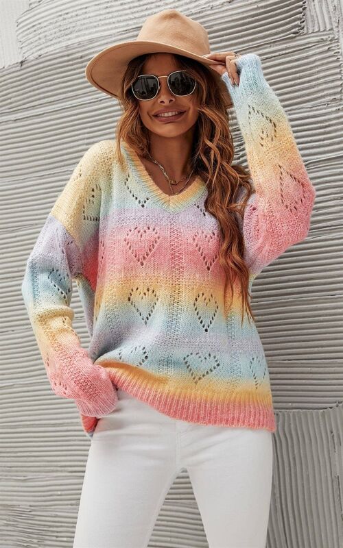 Heart Jumper Top In Pink Blue Yellow Rainbow