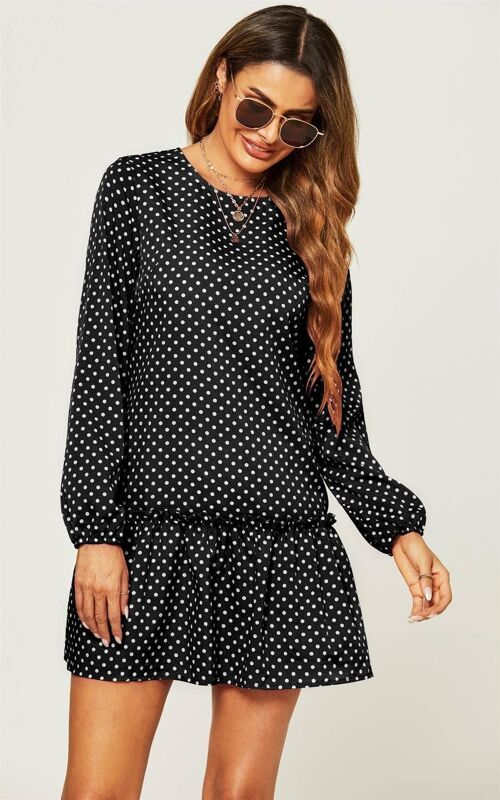 Hem Frill Detail Smock Dress In Black Polka Dot