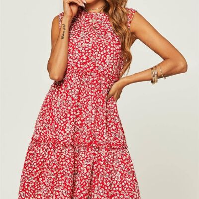 Hem Frill Detail Tiered Mini Dress In Red Flora Print