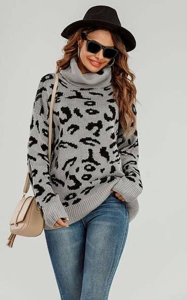 Pull Col Montant Léopard Gris & Noir