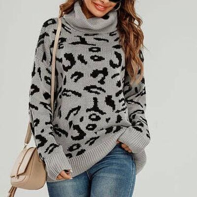 Pullover mit Stehkragen in Grau und Schwarz mit Leopardenmuster