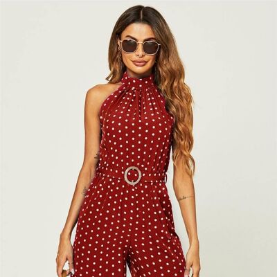High Neck Jumpsuit In Red Polka Dot