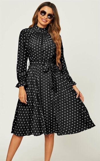 Robe Mi-Longue Jupe Plissée À Manches Longues Et Col Haut À Pois Noirs 2