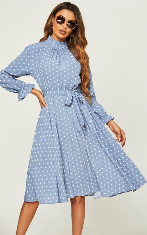 High Neck Long Sleeve Frill Detail Pleated Skirt Midi Dress In Blue Polka Dot