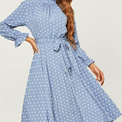 High Neck Long Sleeve Frill Detail Pleated Skirt Midi Dress In Blue Polka Dot