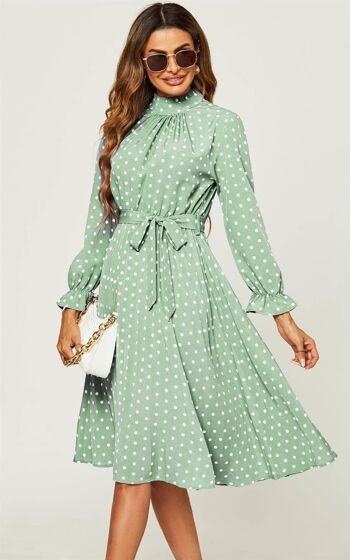Robe mi-longue avec jupe plissée et manches longues à encolure haute et à pois verts et blancs 1
