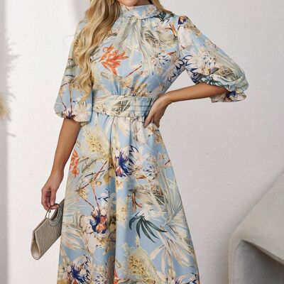 High Neck Puffball Sleeves Midi Dress In Blue Floral Print