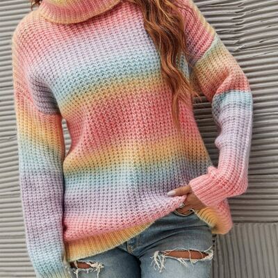 High Neck Rainbow Jumper Top In Pink Blue Yellow Peach Mix
