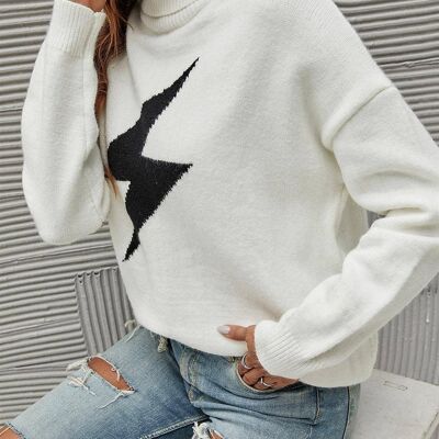 Pull blanc à col montant avec boulon noir Super Bold