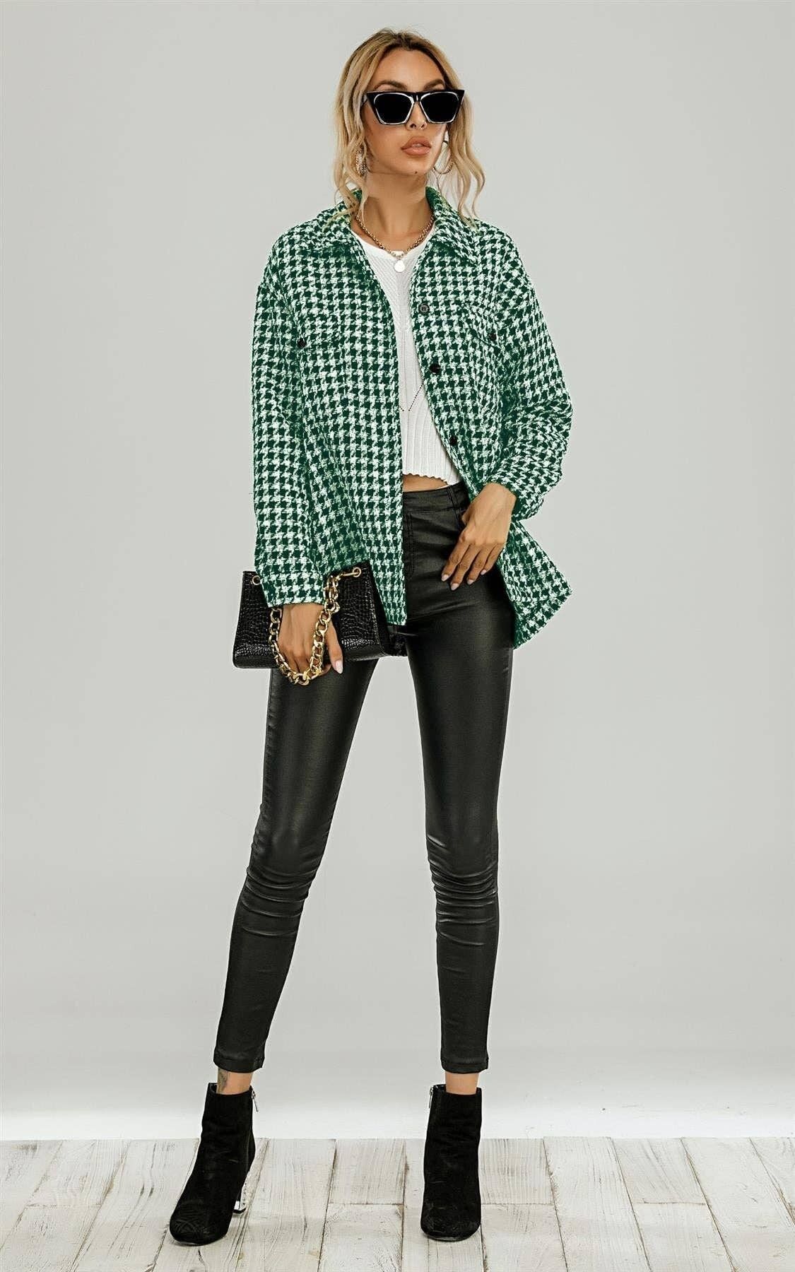 Shacket oversize con dettaglio tascabile pied de poule in verde