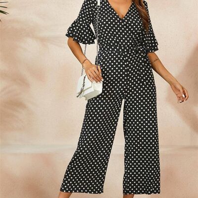 Kennedy Wrap Neck Short Sleeve Jumpsuit In Black Polka Dot