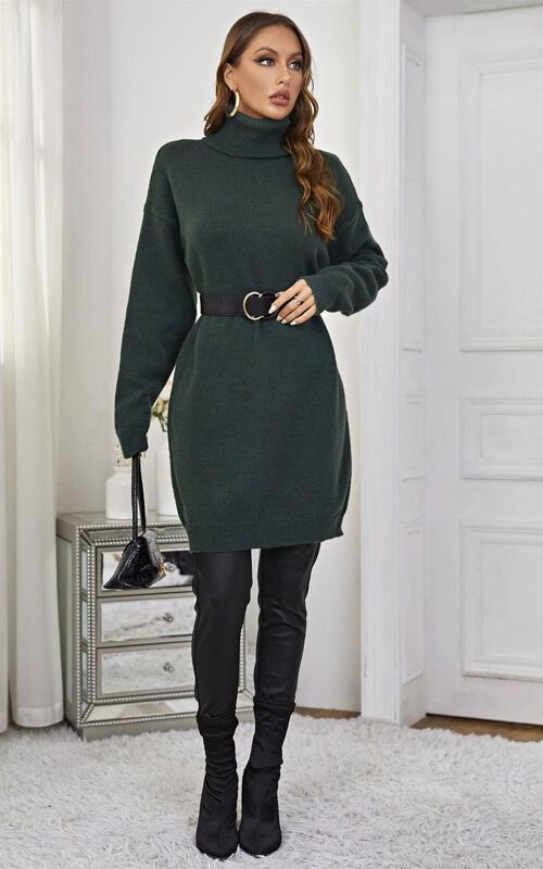 Knitted Jumper Dress With High Neck In Forest Green