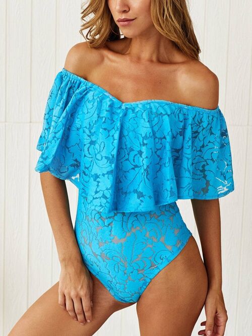 Lace Off Shoulder Bardot Frill Bodysuit In Blue