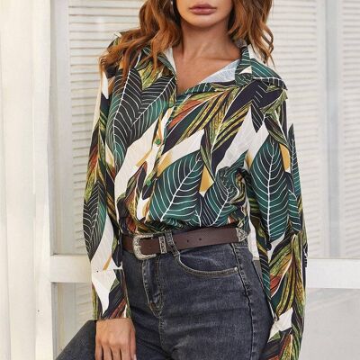 Chemise à imprimé feuilles en vert