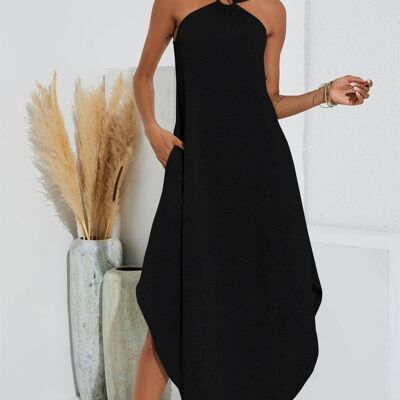 Leg Slip Halter Neck Curve Hem Midi Dress In Black