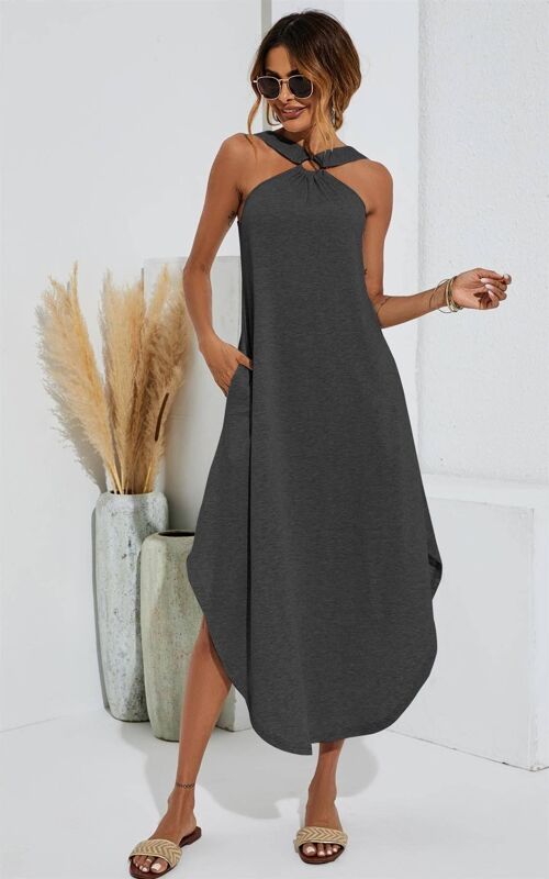 Leg Slip Halter Neck Curve Hem Midi Dress In Charcoal Grey