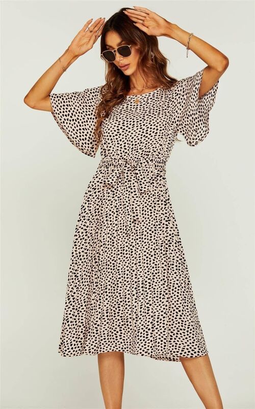 Leopard Print Angel Sleeve Midi Dress In Beige