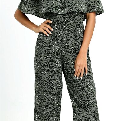 Leopard Print Bardot Ruffles Hem Jumpsuit In Khaki Green