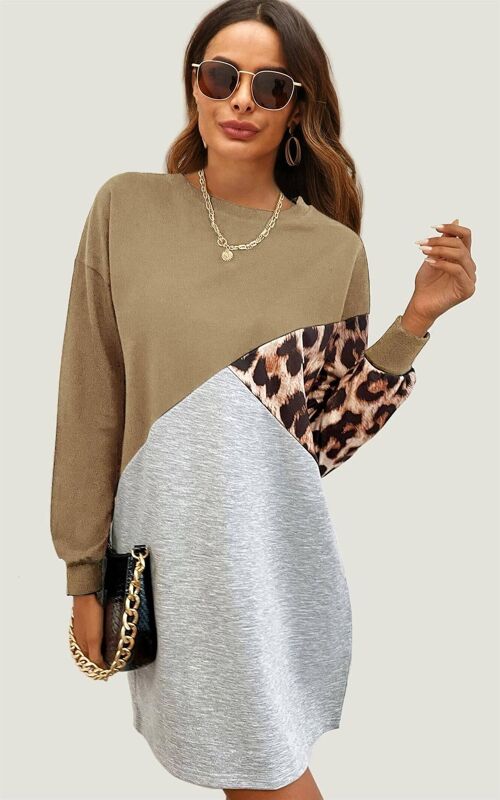 Leopard Print Relaxed Colour Block Top Dress In Beige & Grey