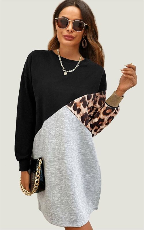 Leopard Print Relaxed Colour Block Top Dress In Black & Grey