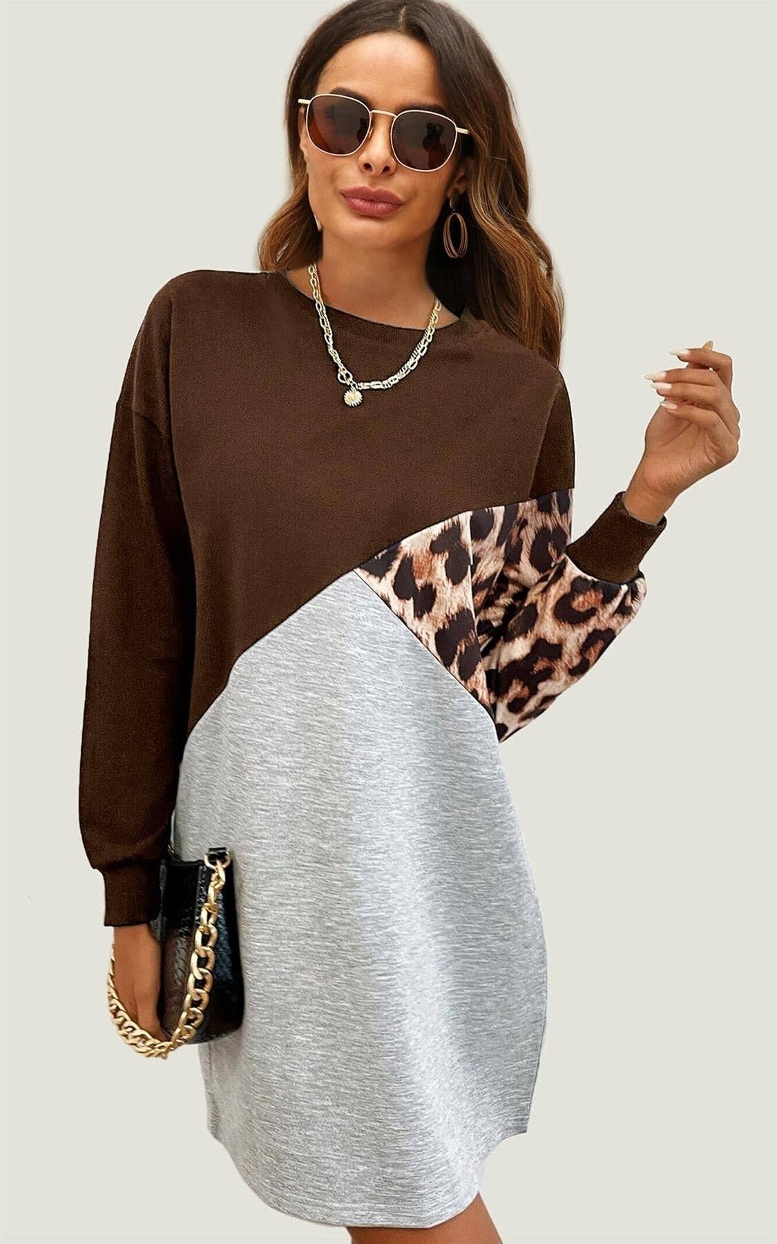Abito con top a blocchi di colore rilassato con stampa leopardata marrone e grigio