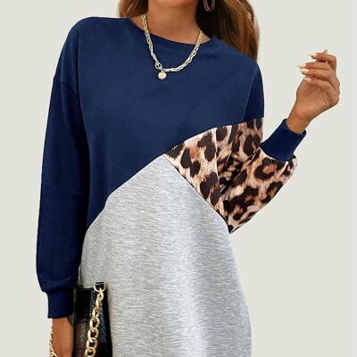 Vestido con parte superior de bloque de color relajado con estampado de leopardo en azul marino y gris