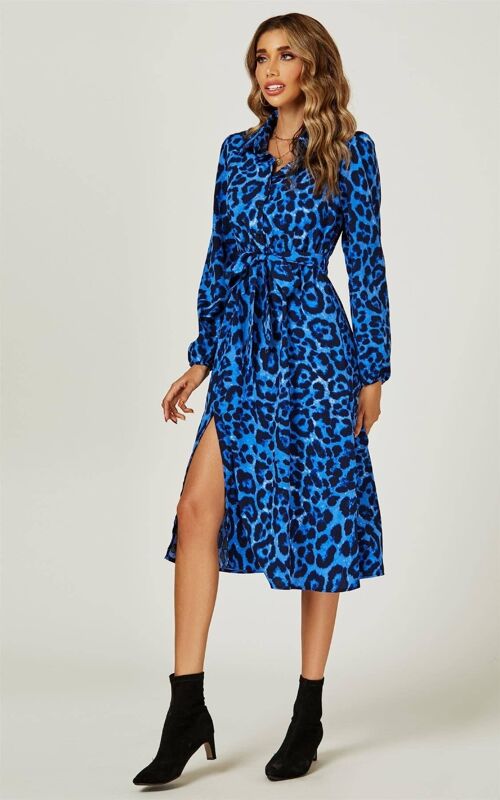 Leopard Print Split Leg Midi Shirt Dress In Royal Blue - 1