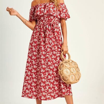 Abito midi rosso con volant Bardot con stampa Little Flora