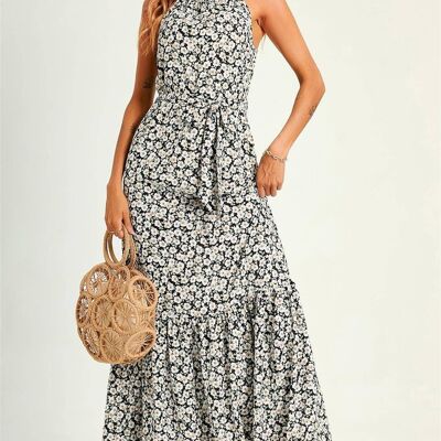 Little White Flora Print Halterneck Tiered Maxi Dress In Black