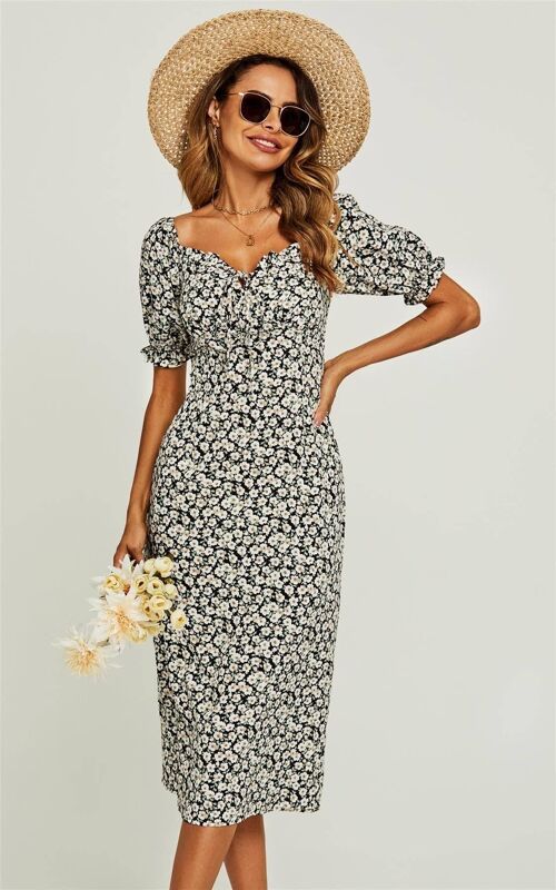 Little White Floral Heart Neck Puff Sleeve Midi Dress In Black
