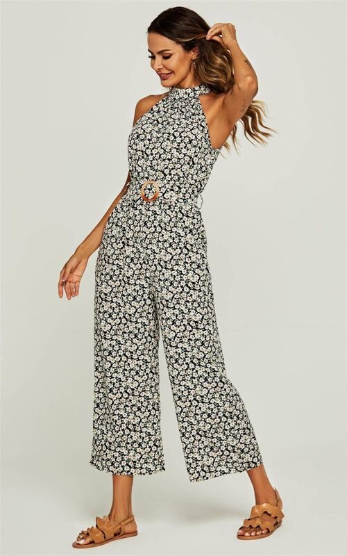 Little White Floral High Neck Jumpsuit In Black